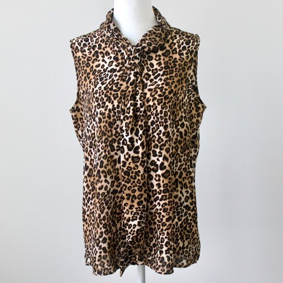 Tahari Brown Leopard Print Scarf Bow Sleeveless Blouse Top Medium - Picture 1 of 6